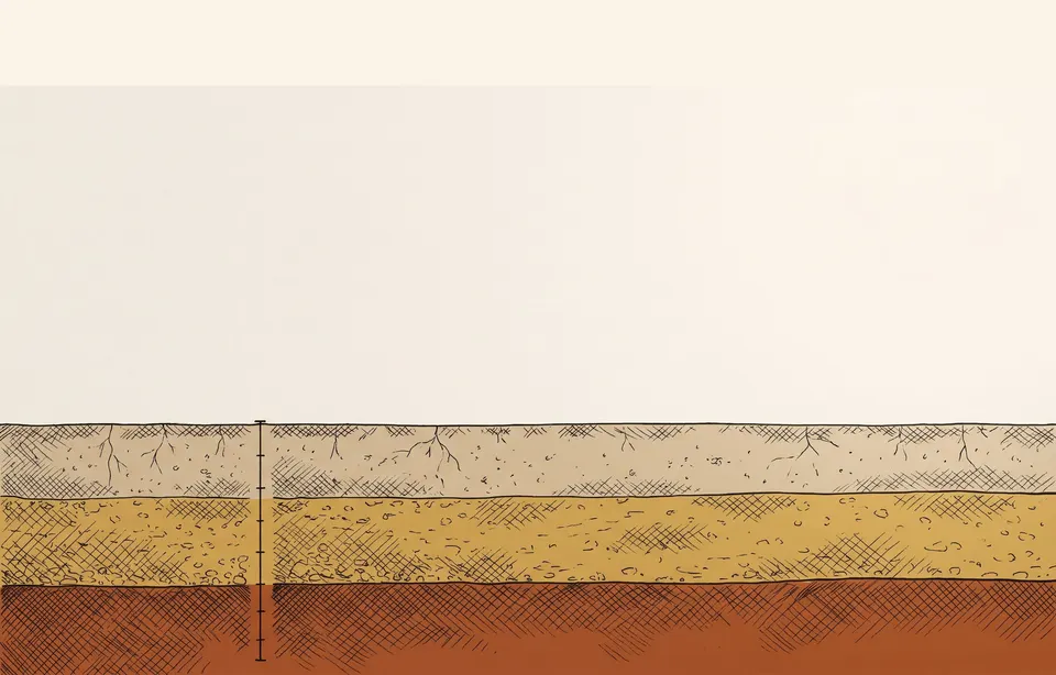 Illustrated cross-section of topsoil, caliche, and clay soil layers, drawn in a technical survey-illustration style.